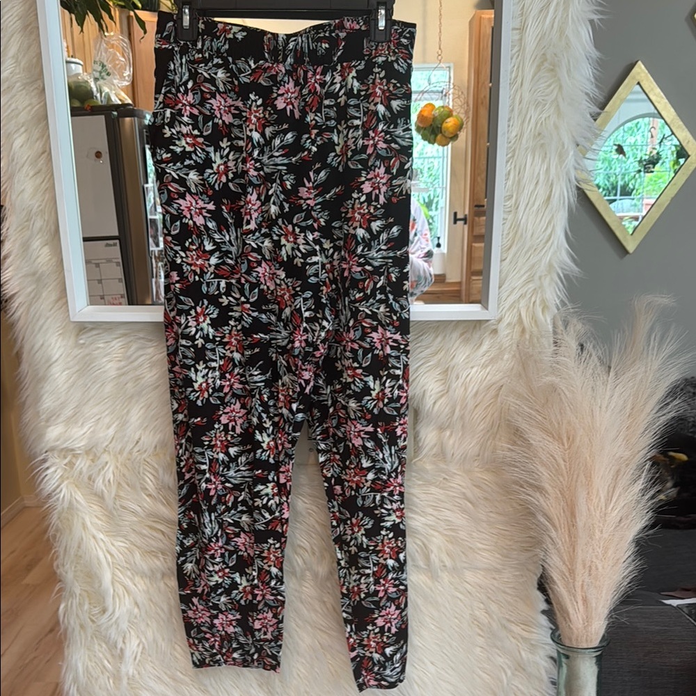 Jessica Simpson Floral Ankle Pants XXL Black Pink Pull On Cropped Boho Lounge